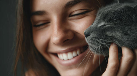 Happy young woman with dark hair is cuddling her gray cat, sharing a joyful moment that highlights the special connection between pets and their owners in a cozy atmosphereの素材