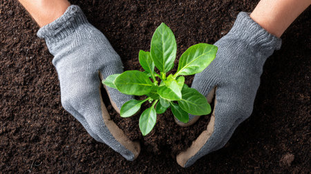Hands in gray gloves are planting a green seedling into dark soil, highlighting the connection between nature and gardening, promoting growth and sustainabilityの素材