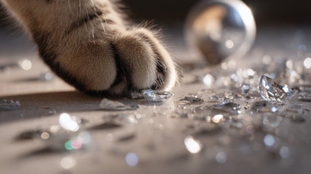 Cat's paw interacts with broken glass pieces on a smooth surface, reflecting light and creating a captivating scene of exploration and delicacyの素材