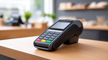Payment terminal positioned on wooden surface in a modern retail space, highlighting technology for transactions and enhancing customer experience in a stylish atmosphereの素材