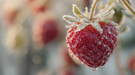 Close-up view of a red strawberry adorned with frost, emphasizing the delicate icy crystals and vibrant color, capturing the essence of winter's touch on fresh fruitの素材