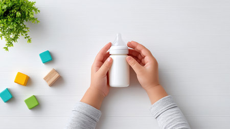 Young child's hands grasp a white baby bottle on a wooden surface, with colorful blocks and a small plant nearby, symbolizing nurturing and early childhood careの素材