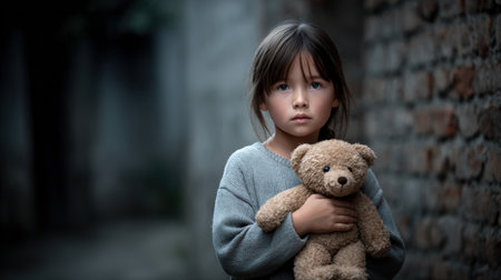 Young girl with dark hair, dressed in a gray sweater, holds a teddy bear in a shadowy alley, evoking feelings of innocence and emotional depth in the sceneの素材