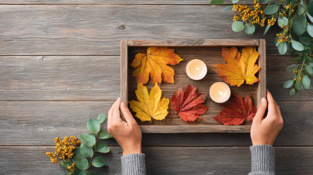 Hands are presenting a wooden tray adorned with vibrant autumn leaves and candles, surrounded by greenery, evoking a cozy seasonal ambiance for home decorの素材