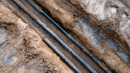 Exposed black pipes in a trench at a construction site, surrounded by wet soil and dirt, highlighting the process of infrastructure development and maintenanceの素材