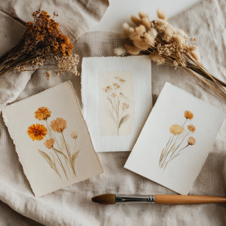 Watercolor floral illustrations with orange and yellow flowers on textured paper, surrounded by dried flowers and a paintbrush, highlighting artistic expression and nature's beautyの素材
