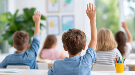 Children in classroom setting enthusiastically raising hands to answer questions, surrounded by vibrant artwork and a bright, inviting atmosphere filled with natural lightの素材