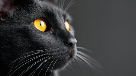 A black cat with bright yellow eyes gazes into the distance, highlighting its smooth fur and prominent whiskers against a dark backdrop, capturing a moment of feline graceの素材