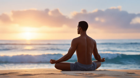 Male practicing yoga in meditative pose on sandy beach, surrounded by gentle waves and a vibrant sunset sky, creating a peaceful environment for relaxationの素材