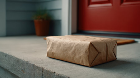 Brown paper package sits on concrete porch steps, positioned near a vibrant red door, evoking feelings of anticipation and home delivery experienceの素材