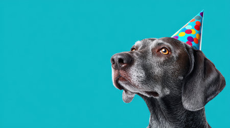 Dog in a festive party hat, gazing upwards against a bright turquoise backdrop, embodying celebration and joy in a playful and cheerful settingの素材