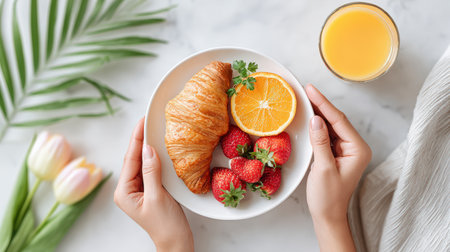 Hands present a plate featuring a croissant, strawberries, and orange slices, with a glass of juice nearby, set against a backdrop of tropical leaves and soft fabricsの素材