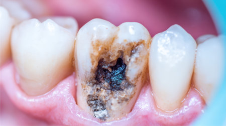 Detailed close-up of a decayed tooth showing cavities and discoloration, emphasizing the significance of maintaining oral hygiene for overall dental healthの素材