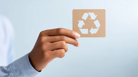 Male individual is holding a cardboard recycling symbol card, promoting sustainability and environmental awareness, with a soft gradient background enhancing the eco-friendly themeの素材