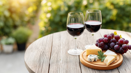 Two glasses of red wine are placed on a rustic wooden table with a variety of cheeses and fresh grapes, surrounded by a vibrant vineyard atmosphereの素材