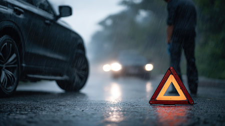 Roadside emergency situation with a reflective warning triangle in the foreground, blurred vehicle approaching in rain, emphasizing safety and caution in challenging weatherの素材