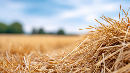 Close-up of golden straw in a field, highlighting the texture and natural beauty of harvested crops under a bright blue sky, creating a peaceful rural sceneの素材