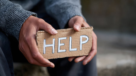 Person with a cardboard sign displaying the word "HELP," expressing a plea for assistance in a muted outdoor environment, highlighting vulnerability and social issuesの素材