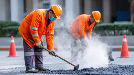 Two construction workers in orange safety jackets are actively repairing asphalt on a city street, surrounded by traffic cones and demonstrating commitment to public safetyの素材