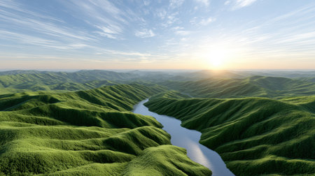 Expansive green hills surround a meandering river, illuminated by the soft light of sunrise, creating a peaceful and picturesque natural environmentの素材