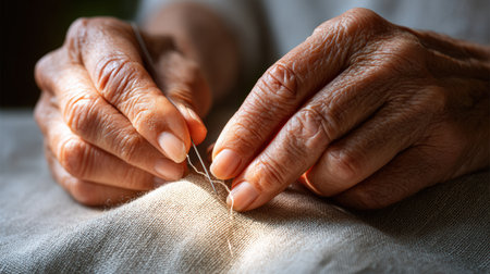 Elderly hands are engaged in sewing fabric with needle and thread, highlighting the craftsmanship and dedication to this traditional art form in a warm, inviting atmosphereの素材