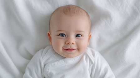 Happy infant with blue eyes, dressed in a cozy white onesie, resting on soft white fabric, exuding warmth and charm in a tranquil settingの素材