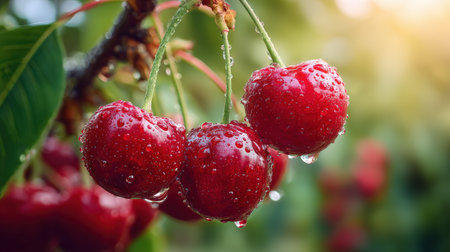 Juicy red cherries adorned with water droplets, suspended from a branch amidst vibrant green foliage, capturing the essence of summer freshness and natural beautyの素材