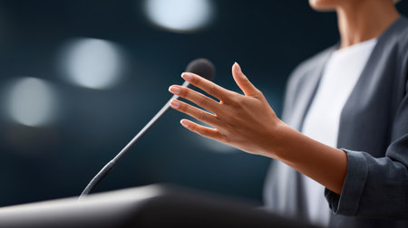 Woman presenting at a podium, using hand gestures to emphasize points, with a blurred audience creating an engaging atmosphere for effective communicationの素材