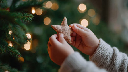 Young child holds a star ornament, surrounded by a Christmas tree adorned with lights, creating a cozy and festive ambiance perfect for holiday celebrationsの素材