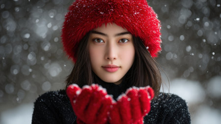 Female in red hat and gloves, surrounded by falling snow, holds snowflakes in her hands, embodying the beauty of winter and the joy of the seasonの素材