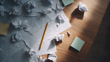 Scattered crumpled papers and a yellow pencil on a wooden desk, with sticky notes, depicting a creative brainstorming session and the struggle of generating ideasの素材