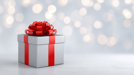 Silver present with red bow, resting on a smooth surface, against a backdrop of soft, blurred lights, creating a festive atmosphere for celebrationsの素材
