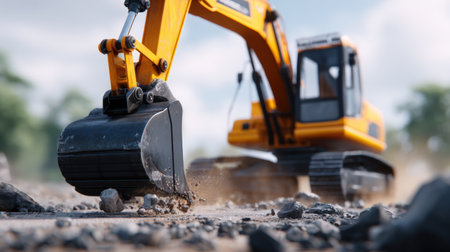 Excavator with a black bucket is actively digging into rocky ground, demonstrating construction capabilities and machinery power in a dynamic outdoor environmentの素材