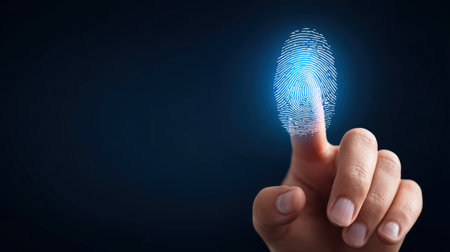 Biometric fingerprint scanning technology displayed on dark background, highlighting security features and personal identification methods in contemporary digital applicationsの素材