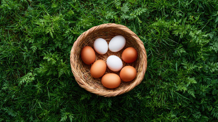A woven basket contains a mix of brown and white eggs placed on vibrant green grass, highlighting natural elements and textures, ideal for culinary and seasonal conceptsの素材