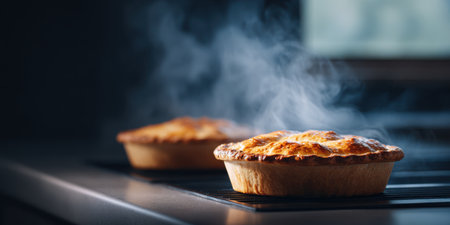 Two steaming pies with flaky crusts are cooling on a rack, filling the kitchen with delightful aromas, creating a warm and inviting culinary sceneの素材