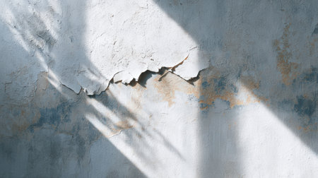Wall features peeling paint in blue and beige tones, with soft shadows creating a rustic atmosphere, ideal for backgrounds or design elements with copy spaceの素材