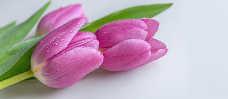 Close-up of pink tulips adorned with water droplets on lush green leaves, highlighting their beauty and freshness, perfect for springtime floral arrangementsの素材