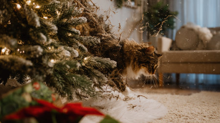 Cat curiously investigates the area under a beautifully adorned Christmas tree, surrounded by soft textures and warm lighting, enhancing the festive spiritの素材