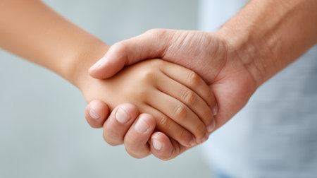 Adult and child hands clasped together, showcasing a bond of trust and love, with a soft blurred background enhancing the emotional connection and warmthの素材