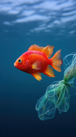 Colorful goldfish gliding through serene underwater environment, interacting with plastic debris, illustrating the urgent need for environmental awareness and conservation effortsの素材