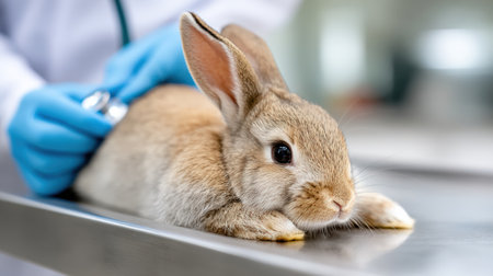A veterinarian is examining a brown rabbit in a clinical setting, highlighting the significance of animal health care and the bond between pets and professionalsの素材