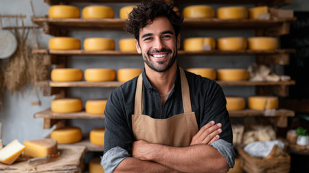 Confident male cheesemonger stands in cheese shop, surrounded by shelves of cheese, displaying a welcoming ambiance and professional expertise in dairy productsの素材