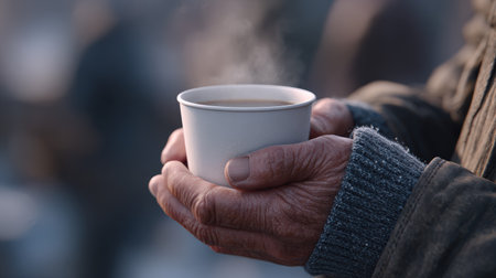 Aged hands gently cradle a steaming cup of coffee, highlighting warmth and comfort in a chilly outdoor environment, creating a serene and inviting atmosphereの素材