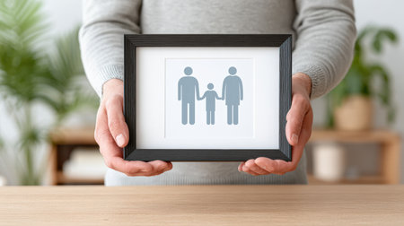 Person presents a framed family illustration, emphasizing togetherness and love, surrounded by a cozy indoor setting with plants and natural elementsの素材