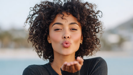 Woman with curly hair blowing a kiss at the camera, dressed in a cozy black sweater, with a tranquil beach setting in the background, radiating joy and warmthの素材