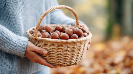 Individual carries a basket brimming with chestnuts, set against a backdrop of colorful autumn leaves, highlighting the essence of harvest season and natural beautyの素材