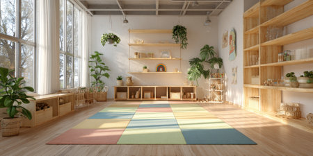 Spacious modern room with colorful rugs and wooden shelves, adorned with plants, providing a warm and inviting environment for relaxation and creative activitiesの素材