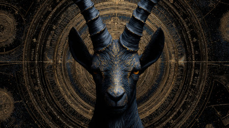 Illustration of Capricorn zodiac sign with a black goat adorned with golden details, set against a backdrop of celestial patterns and astrological symbolsの素材