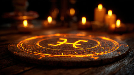 Illuminated Capricorn astrology symbol on a stone surface, surrounded by flickering candles in a dimly lit space with wooden textures and mystical elementsの素材